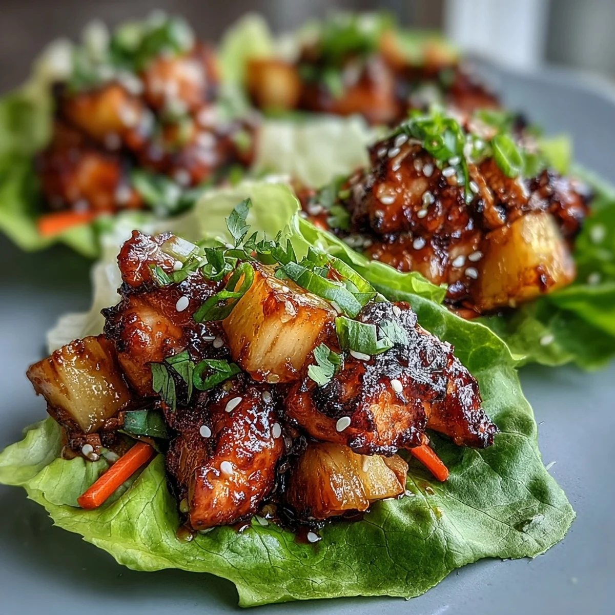 Colorful lettuce wraps filled with juicy teriyaki chicken, sweet pineapple chunks, and crunchy vegetables.