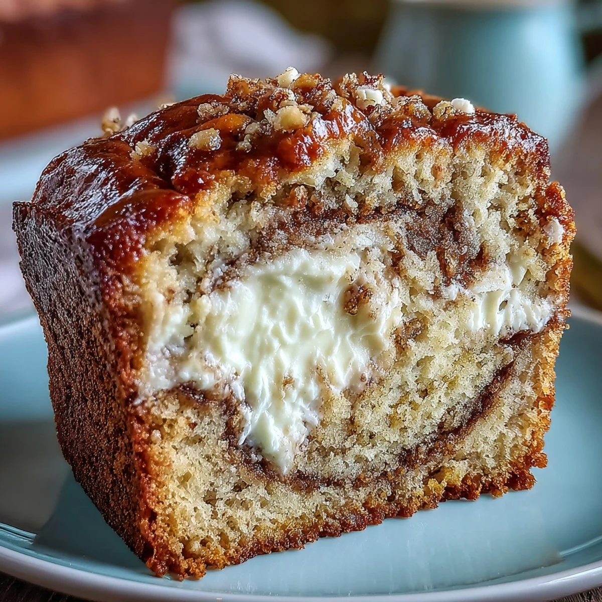 Freshly baked Cream Cheese Cinnamon Swirl Banana Bread cut to show the rich cream cheese filling and sweet cinnamon sugar swirls.