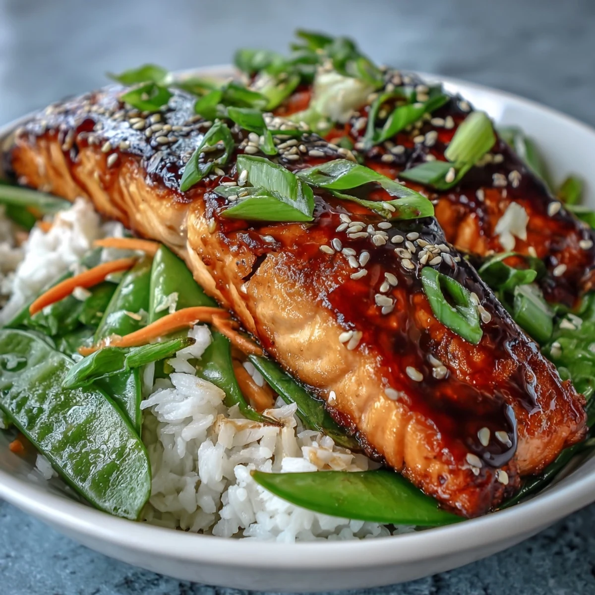 Savory-sweet teriyaki salmon over jasmine rice, colorful broccoli, peppers, and carrots for a quick meal.