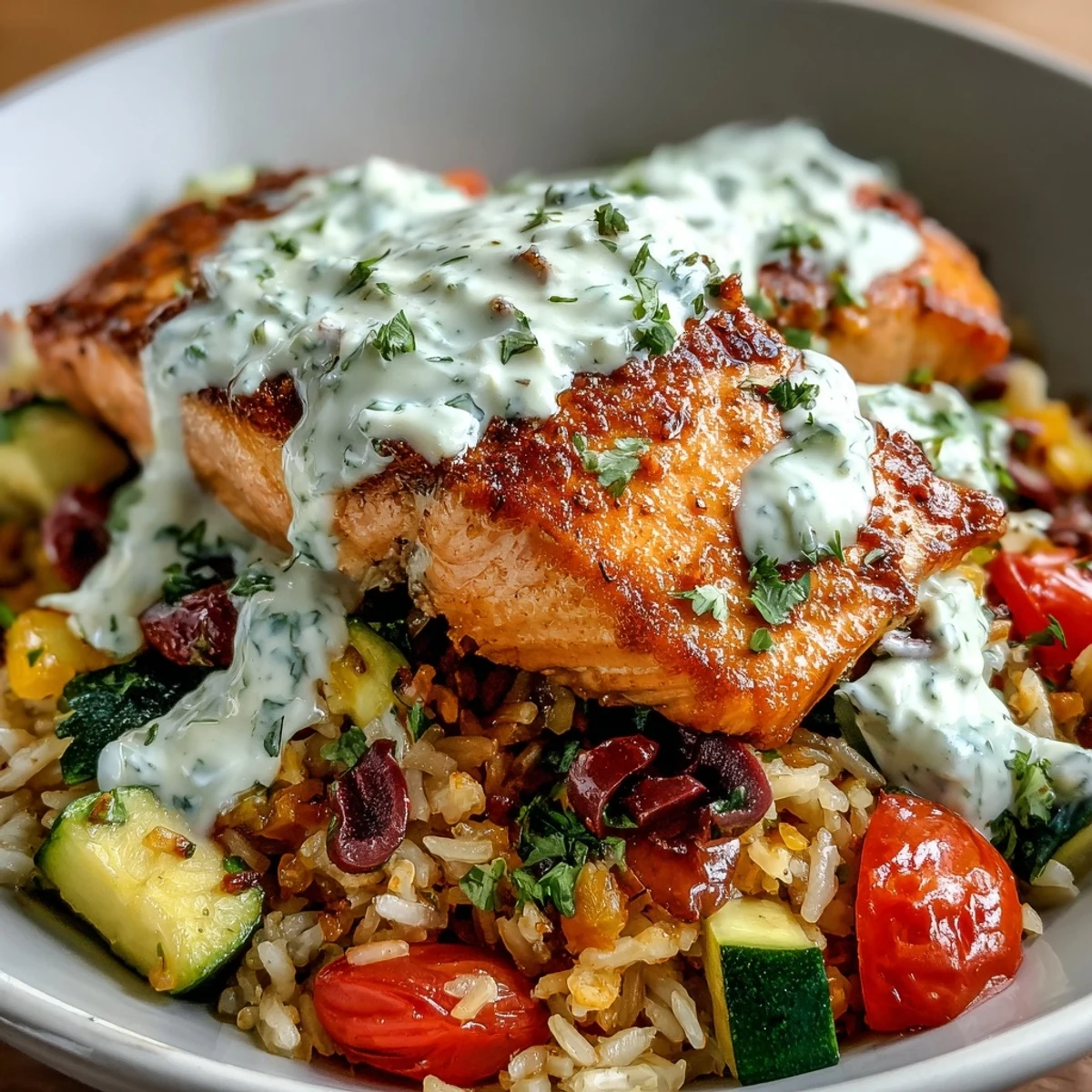 A close-up shows the flaky salmon and lemon-yogurt drizzle glistening over the colorful, crispy rice salmon bowl ingredients.  