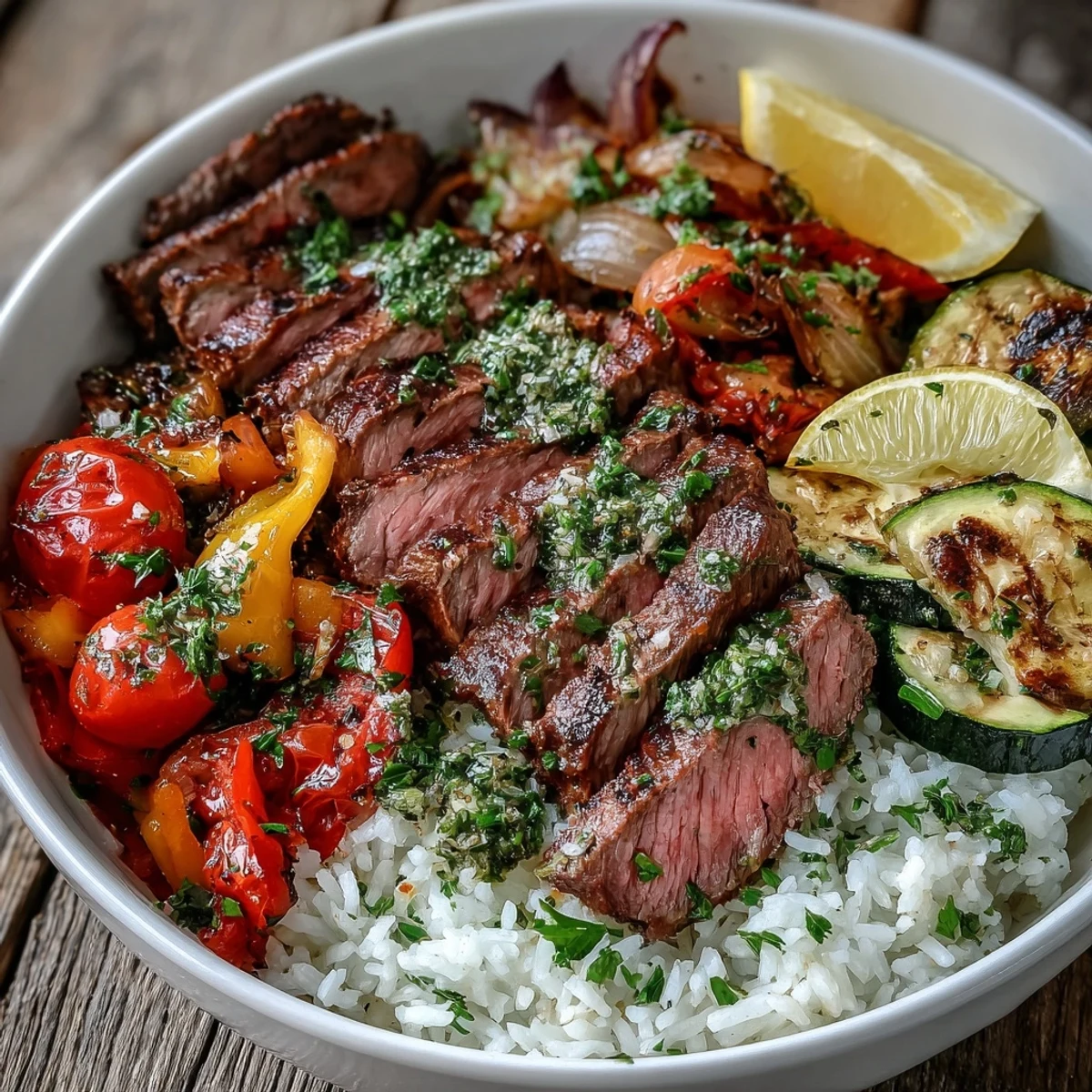 Top view of a Sheet Pan Steak and Veggie Bowl with golden steak slices, charred vegetables, and fresh parsley garnish.