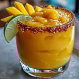 Two vibrant glasses filled with icy Frozen Mango Margarita Mocktail, garnished with lime and Tajín seasoning for a spicy-sweet kick.