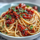 Vibrant confit cherry tomato pasta with garlic and fresh basil, perfect for summer.