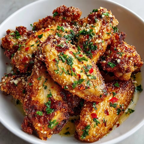 Garlic Parmesan Chicken Wings glistening with buttery garlic sauce, served hot for game day appetizers.