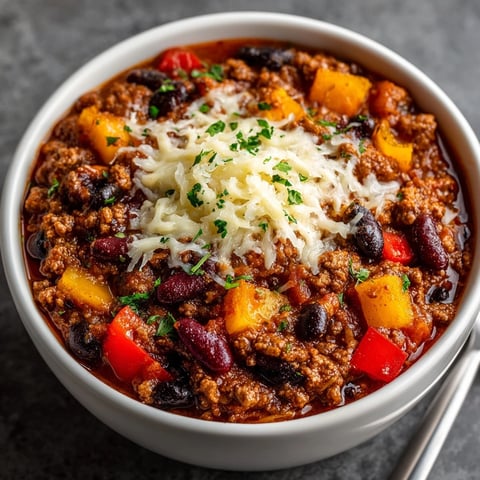 Close-up of Pumpkin Chili with Cheddar Web Top, a warm, comforting fall dinner.