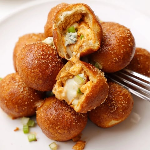 Crispy Chaos Buffalo Chicken Pretzel Balls served with creamy ranch dressing delightfully warm.  