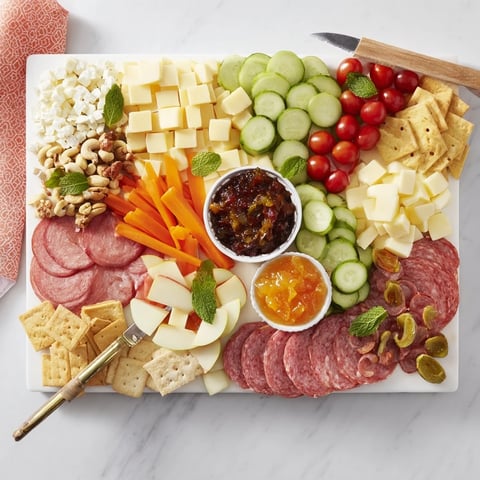A vibrant Girl Dinner Platter brimming with colorful cheeses, fruits, and dips.  