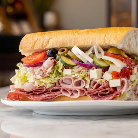 Delicious Flavor Mash-Up Sandwiches stacked high with layered meats and vibrant veggies.  