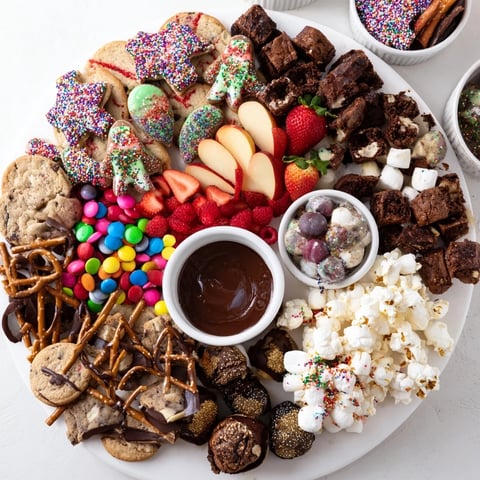 A colorful dessert board with sweets and fruit, perfect for holidays.  