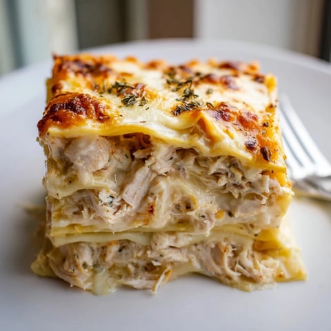 Creamy rosemary chicken lasagna layered with tender chicken and gooey mozzarella cheese.  