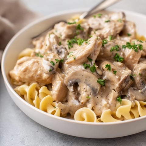 Creamy Chicken Stroganoff served over tender egg noodles, garnished with fresh parsley.  