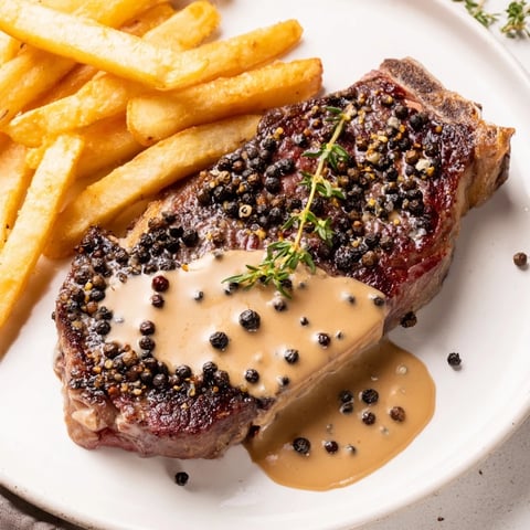 Juicy Classic Peppercorn Ribeye served with crispy, golden fries on a plate.  