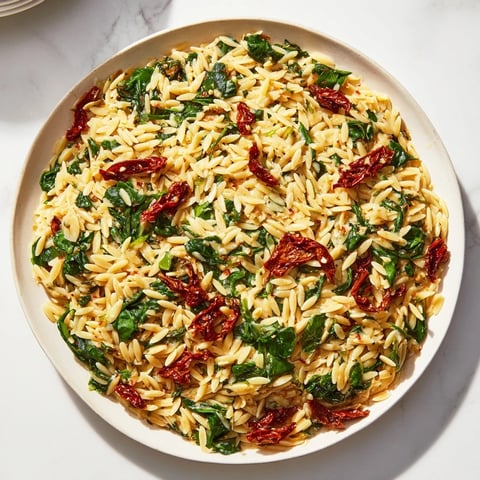 Creamy Tuscan Orzo Bowl with sun-dried tomatoes—a comforting vegetarian Italian main course dish.