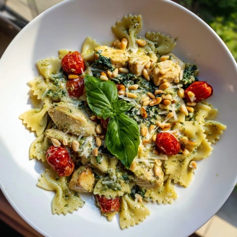 Creamy pesto chicken bowtie pasta with vibrant tomatoes, perfect for family dinner.