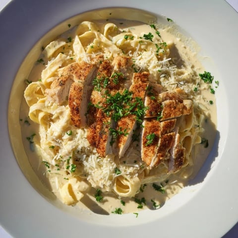 Golden, Cajun-spiced chicken atop creamy Spicy Cajun Chicken Alfredo pasta, ready to enjoy.