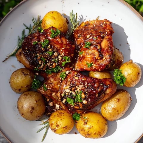 Honey mustard chicken and roasted potatoes, glistening and tender, ready for a delicious dinner.