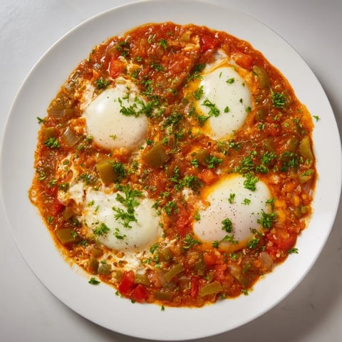 Vibrant Shakshuka: Poached eggs nestle in a rich, spiced tomato sauce, ready for crusty bread.