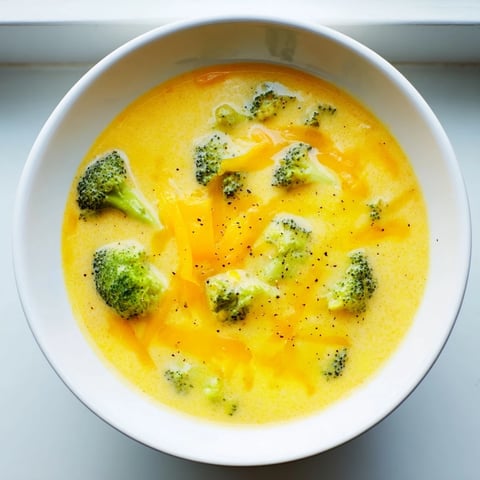 A steaming bowl of creamy Broccoli Cheese Soup, garnished with cheddar cheese, ready to enjoy.