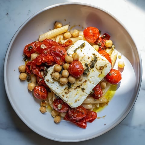 Creamy baked feta chickpea and tomato pasta dish, garnished with fresh basil for a vibrant, flavorful meal.