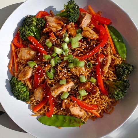 Golden sheet-pan crispy ramen with chicken, featuring tender chicken, veggies, and perfectly crisped noodles.