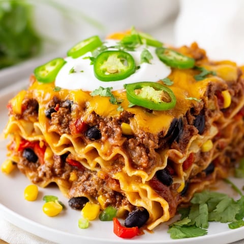 Taco lasagna layers: bubbly cheese melting over a colorful, hearty Tex-Mex family meal.