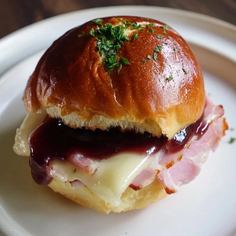 Golden cherry-glazed ham and cheese slider mashup, oozing Swiss cheese, ready to serve with parsley.