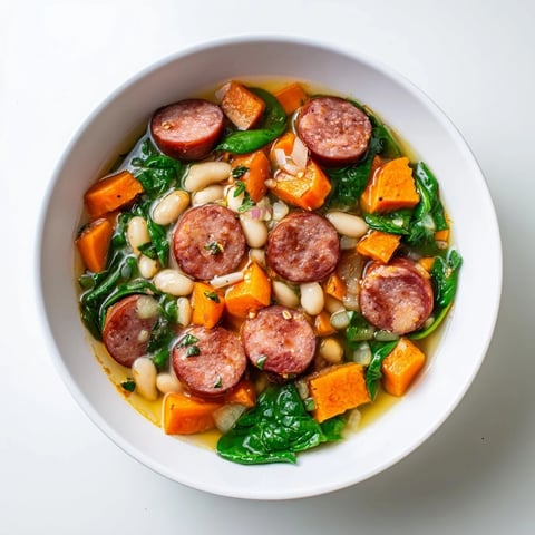 Simple Sausage and White Bean Soup simmering in a pot with vegetables, promising a comforting meal.
