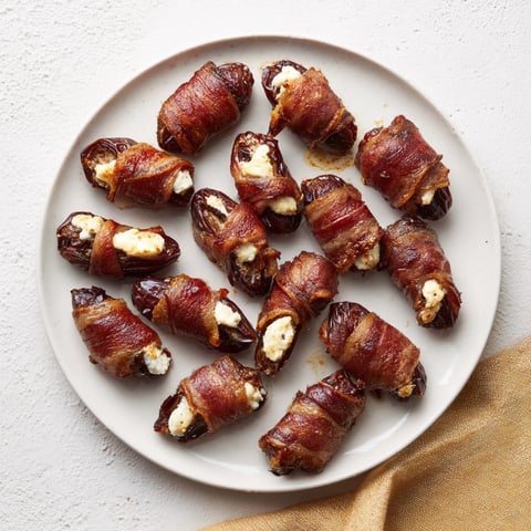 Golden, crispy bacon-wrapped dates stuffed with creamy goat cheese, ready to be enjoyed.