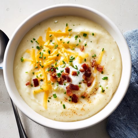 A steaming bowl of The Ultimate Baked Potato Soup, topped with chives and crispy vegan bacon.