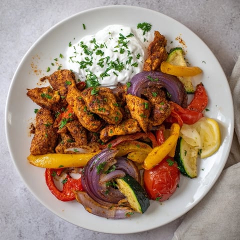 Sheet Pan Chicken Shawarma, glistening with spices, roasted with colorful vegetables and tomatoes.