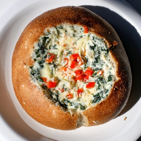 Warm, bubbly Express Holiday Spinach Dip in a crusty bread bowl, ready for dipping.