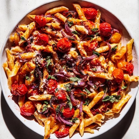 Baked Tomato & Olive Oil Pasta with glistening roasted tomatoes and fresh basil, a flavorful dish.