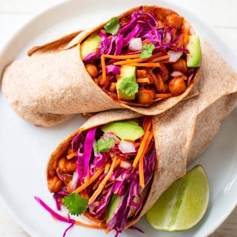 BBQ Chickpea & Slaw Wrap, bursting with color, includes crispy chickpeas and vibrant slaw filling.