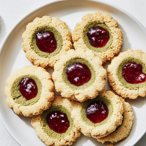 Warm, freshly baked Matcha Cranberry Shortbread Thumbprint Cookies, ready to eat and absolutely delicious.