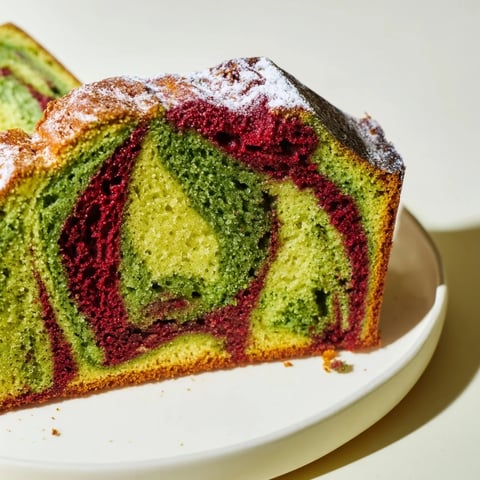 Vibrant layers of red and green swirl matcha marble pound cake, moist and delicious, perfect for any occasion.