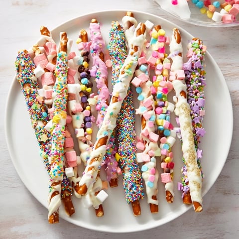 Vivid Magical Wand Candy Board: Colorful candy-covered pretzels and festive treats arranged beautifully for a dessert party.