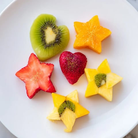 Festive Midnight Kiss garnishes: star-shaped strawberry and heart-cut kiwi, ready for cocktails.