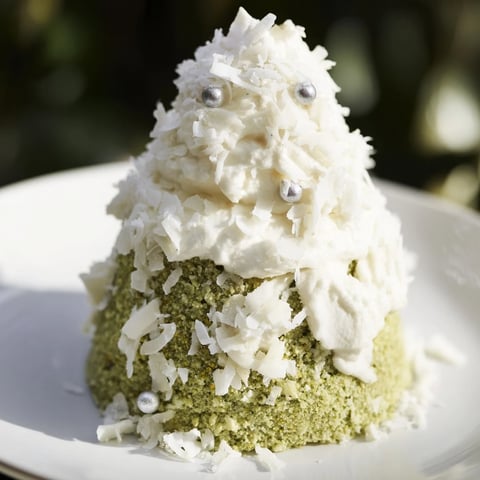 Fluffy sponge Table dHiver Sapin et Flocons with a light white chocolate mousse, sprinkled with snowy coconut.