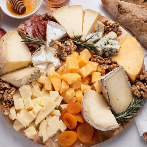 Winter Mountain Cheese Platter with assorted cheeses, charcuterie, and fruits for a sharing appetizer.