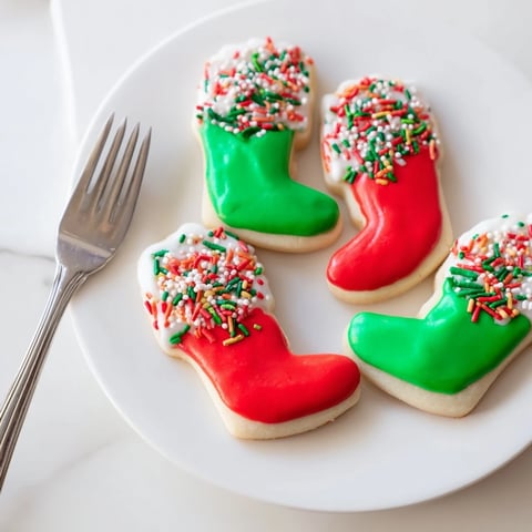 Festive Christmas Boot-Shaped Delights, iced with vibrant colors, ready to brighten your holiday dessert table.