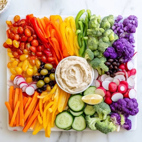 A colorful Vegetable Rainbow Board featuring vibrant vegetables perfectly arranged with hummus dip.