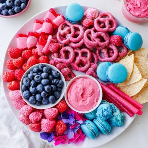 Vibrant Baby Reveal snack board overflowing with pink and blue treats, perfect for celebrating!