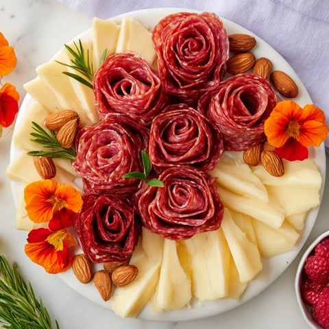 Beautifully arranged Meat and Cheese Rose Garden Board with colorful fruits, olives, and nuts.