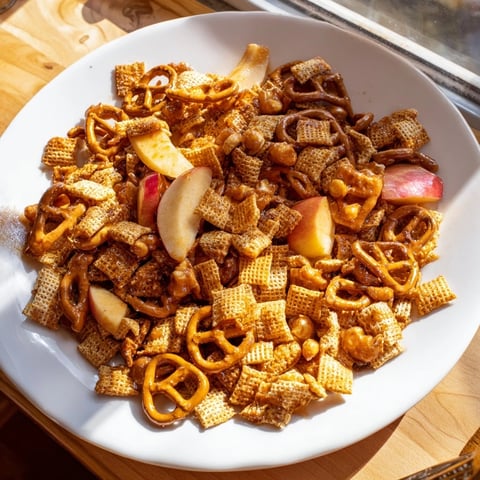 Golden, crunchy Party Mix with an apple cider glaze, perfect for snacking at your next gathering.