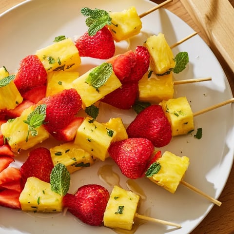 Fresh fruit skewers with pineapple and strawberries, a colorful and refreshing summer snack.