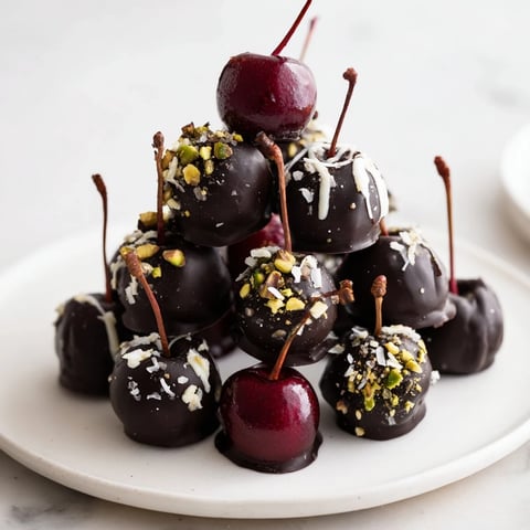 Delectable chocolate-covered cherry dessert bites arranged in a beautiful pyramid on a serving plate.