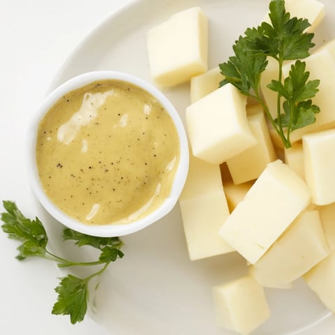A close-up of a cheese platter, showing Gouda cubes and a bowl of golden mustard dip.