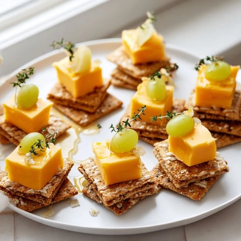Crispy crackers topped with cheddar cheese cubes form the perfect Desk Treat snack plate.