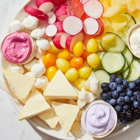 A visually stunning Baby Shower Pastel Palette Grazing Board, full of fresh fruits and cheeses.