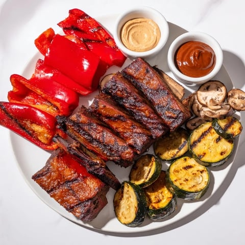 A Backyard BBQ Companion board featuring smoky grilled meats and flame-kissed vegetables, perfect for a feast.